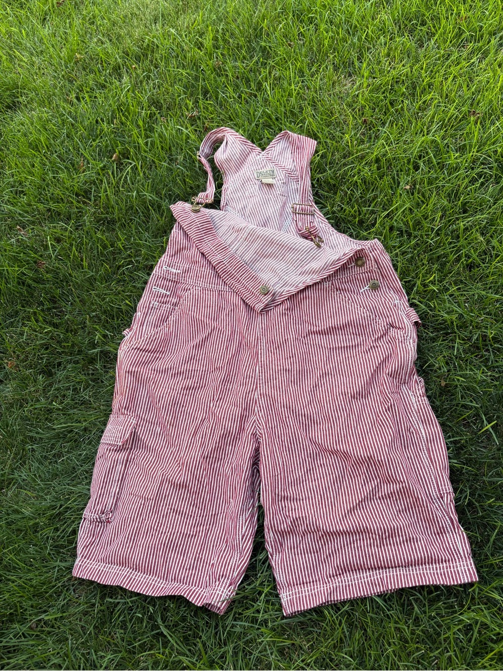 Duluth Trading Co. Red and White Striped Short Overalls with Adjustable Buckle